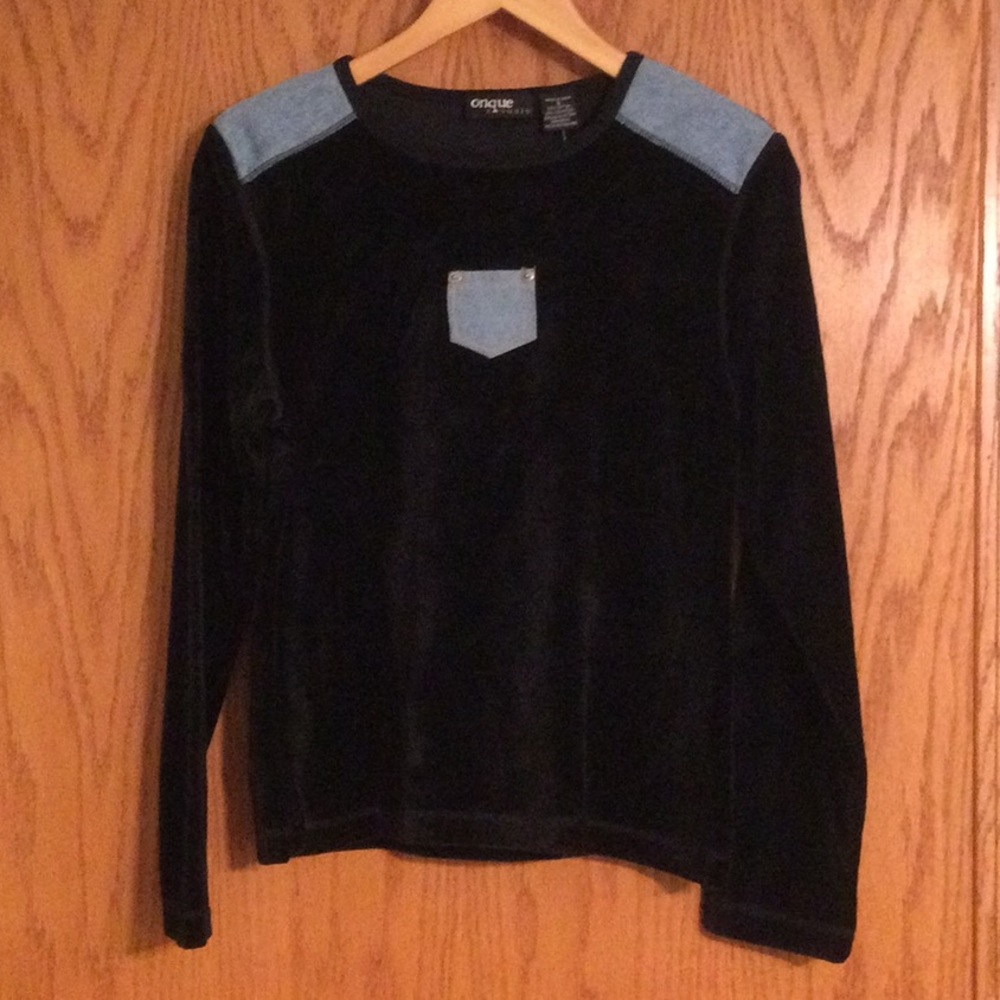 Onque Casuals Black Velvet Long Sleeve Shirt w/ Denim On Shoulders & Pocket​